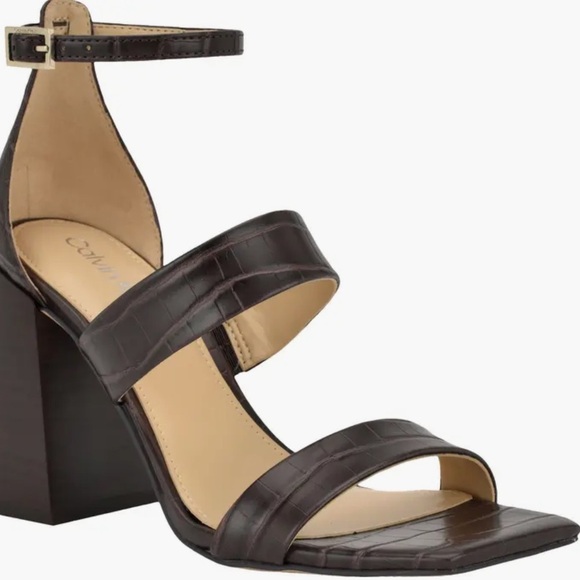 Calvin Klein 9 M, Dark Brown Sheryl Ankle Strap, Block Heel, Squared Toe Sandals - Picture 14 of 16